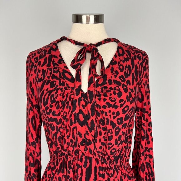 Zara Womens Red Leopard Print Midi Dress Tie Neck Long Sleeves size Medium - Picture 5 of 16